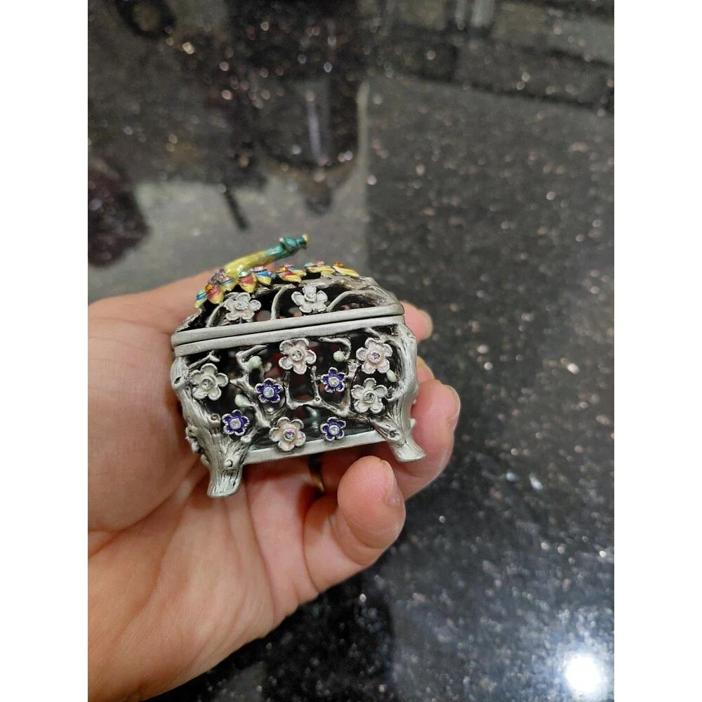 Vtg Enameled Peacock Colorful Rhinestones Trinket Ring Box Flowers